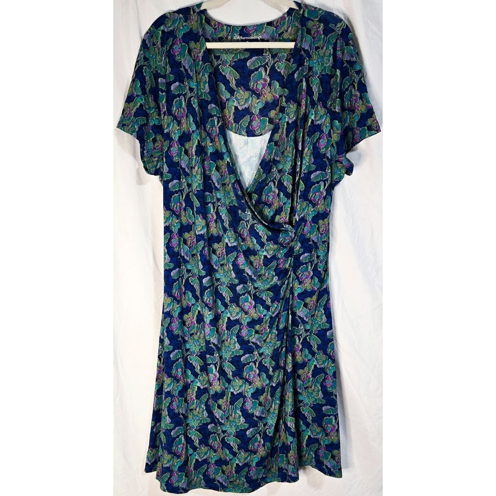Soft Surroundings Faux Wrap Midi Dress Floral Blue Stretch Jersey Knit V Neck